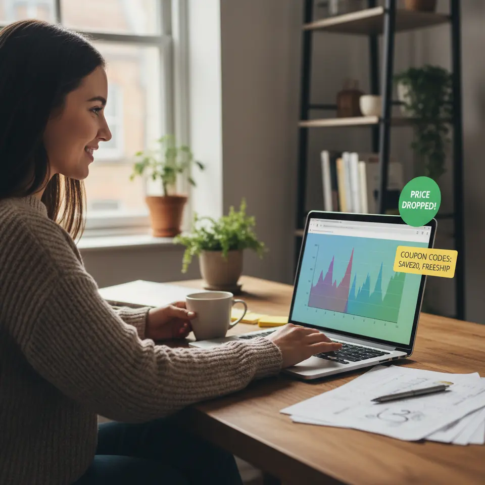 Use Price-Tracking Tools: A user sitting at a laptop displaying a colorful price history chart (peaks and valleys plotted over time) with browser-extension pop-up alerts announcing ‘Price Dropped!’ and coupon codes ready to apply.