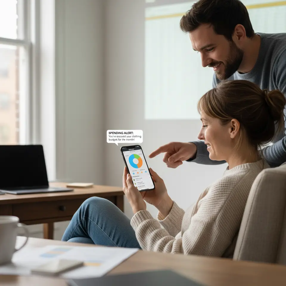 Utilize Budgeting Tools: a smartphone screen displaying a budgeting app with colorful pie charts, category breakdowns (groceries, clothing, electronics), real-time transaction list, and pop-up spending alerts, set against a faint spreadsheet background