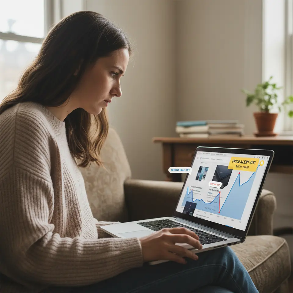 Leverage Historical Price Trackers: an online product page overlaid by a line chart showing price fluctuations over time, annotated with average price and recent sale dips, plus a highlighted 'price alert' notification waiting to trigger a buy decision